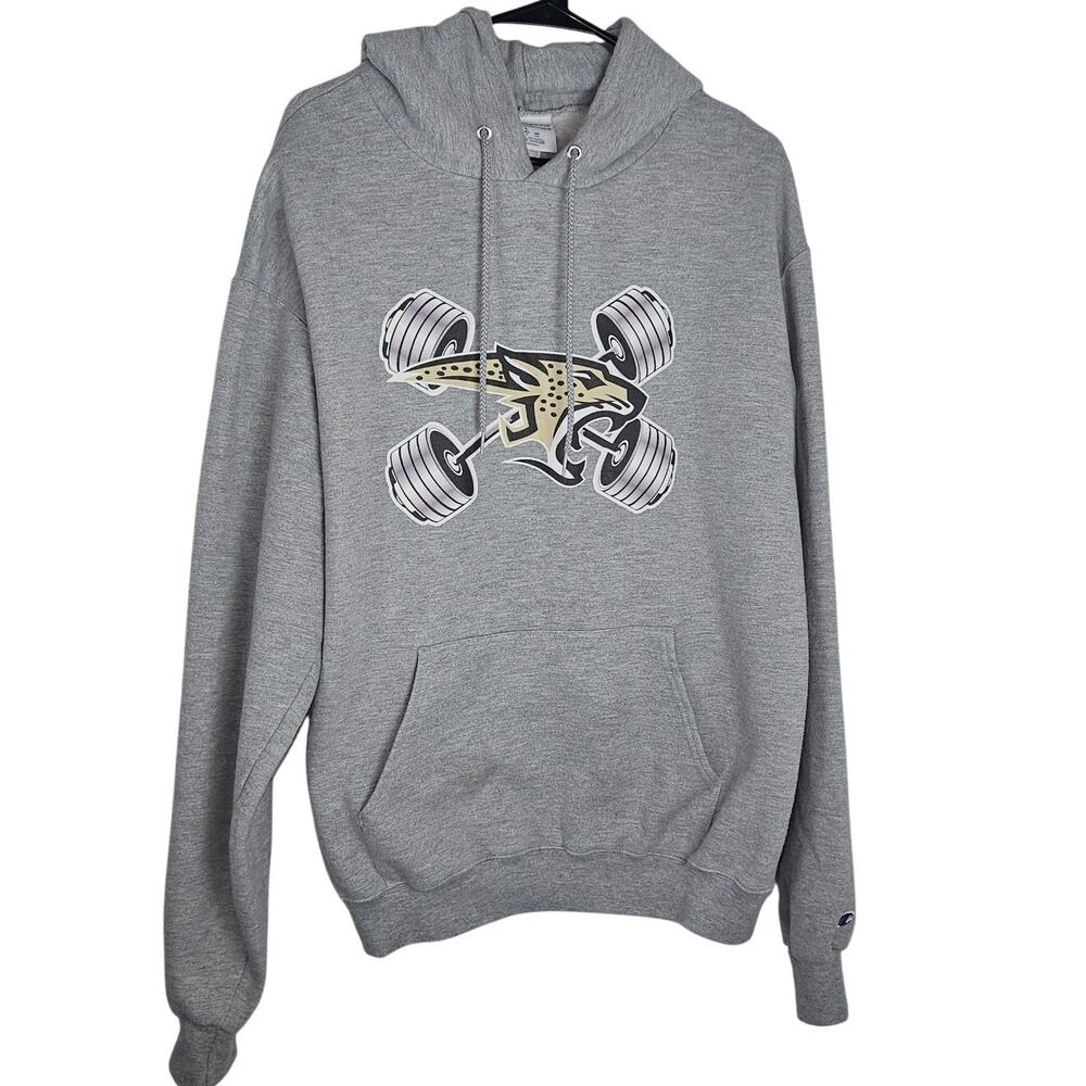 Champion Mens Grey Hoodie Barbell Wildcat/Jaguar & Weights Design Sz Large